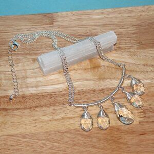 Vintage Clear Tear Drop Silver Tone Faux Crystal Bib Necklace.